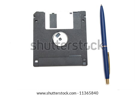 blue pen and disket on the white isolated background