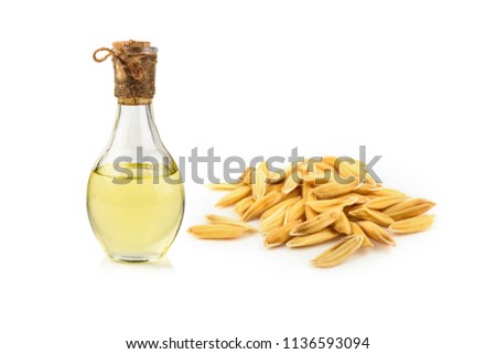rice bran oil extracted from rice. It contained in a glass-bottle Royalty-Free Stock Photo #1136593094