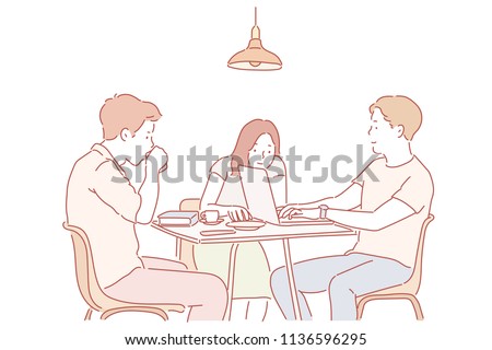 A group of people studying a team sitting at a table. hand drawn style vector design illustrations.