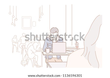 A man sitting at a cafe working on a laptop. hand drawn style vector design illustrations.