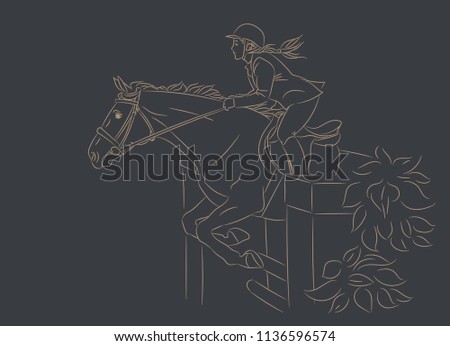 Beautiful girl at show jumping competition. Equestrian sport. Horsewoman and a horse are jumping over an obstacle, realistic gold outline vector illustration, dark background.