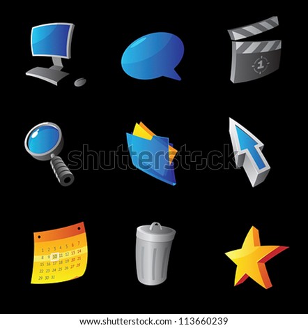 Icons for computer interface, black background. Vector illustration.