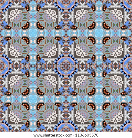 Symmetrical tile design in blue, gray and brown colors. Oriental tiles, vector seamless islamic pattern with pretty oriental curves and mandalas details.