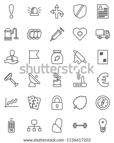 thin line vector icon set - scraper vector, vacuum cleaner, window cleaning, plates, rolling pin, cereal, compass, flag, leaf, graph, personal information, euro sign, barbell, breads, heart cross