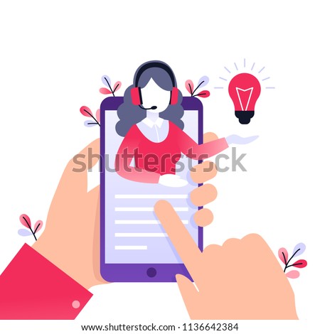 Concept customer and operator, online technical support 24-7 for web page. Vector illustration female hotline operator advises client. Online assistant, virtual help service on smartphone. Royalty-Free Stock Photo #1136642384