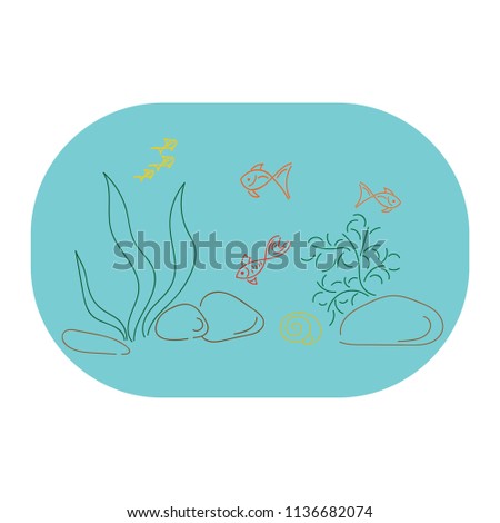 Fish, seaweed,snails, rocks. On a blue background. A sketch, a child's drawing. Vector.