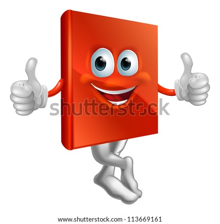 A cartoon illustration of a red book character giving a thumbs up