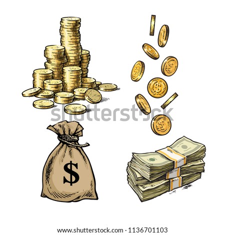 Finance, money set. Sketch of stack of coins, paper money,  sack of dollars falling gold coins in different positions. Hand drawn collection isolated on white background. Vector illustration.