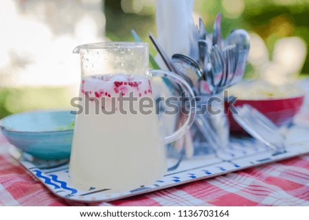 A pitcher with a refreshing lemon raspberry drink on a tray with bowls and cutlery. The tray is on a table with a red checkered table cloth, outdoors in the garden.