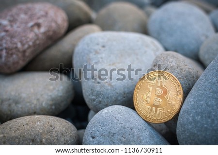 Cryptocurrency on the shore among the big sea stones

