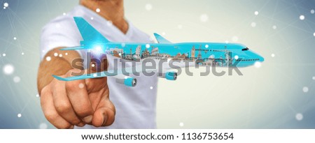 Businessman on blurred background with plane and famous landmarks of the world 3D rendering