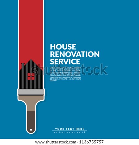 paint roller paint red color over house logo isolated on blue background. creative home renovation service and painting concept, logo design template with space for your company text.  Royalty-Free Stock Photo #1136755757