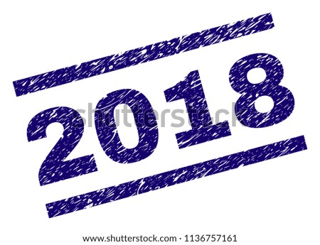 2018 stamp seal watermark with grunge style. Blue vector rubber print of 2018 text with retro texture. Text tag is placed between parallel lines.