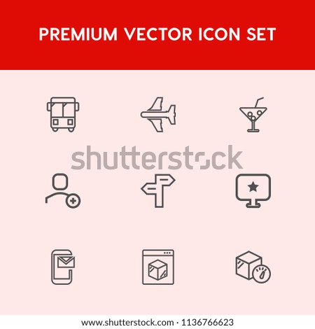 Modern, simple vector icon set on red background with delete, phone, star, travel, email, urban, direction, speed, glass, aircraft, cold, delivery, weight, drink, sign, internet, alcohol, web icons