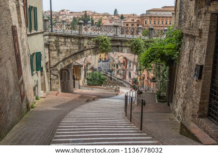 Perugia, Italy - Perugia is one of the most interesting cities in Umbria, with its medieval Old Town, its narrow alleys, and the famous acqueduct Royalty-Free Stock Photo #1136778032
