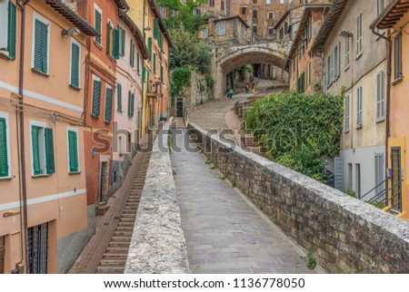 Perugia, Italy - Perugia is one of the most interesting cities in Umbria, with its medieval Old Town, its narrow alleys, and the famous acqueduct Royalty-Free Stock Photo #1136778050