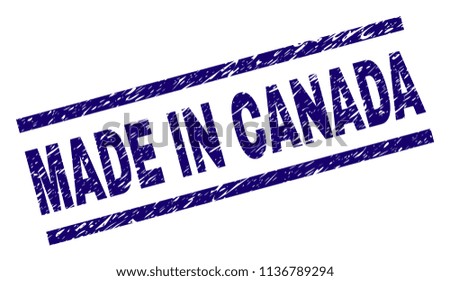 MADE IN CANADA stamp seal watermark with grunge style. Blue vector rubber print of MADE IN CANADA text with dust texture. Text tag is placed between parallel lines.