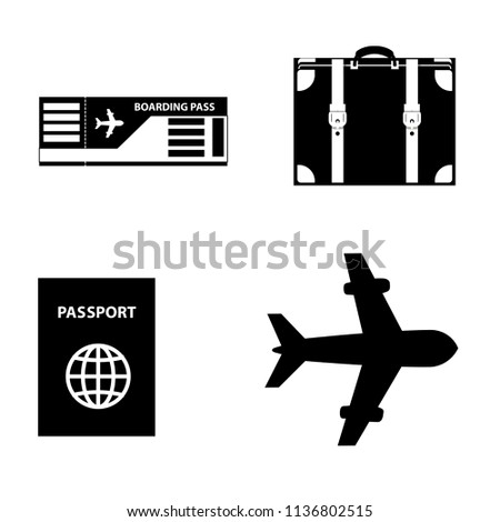black and white silhouette illustration of summer travel icon set collection isolated on white background. Luggage, boarding pass ticket, plane, passport icons for graphic web design.
