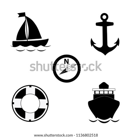 black and white silhouette illustration of summer travel sea icon set isolated on white background. Sailing ship, anchor, compass, lifebuoy, yacht. Cruise icons collection for graphic design.
