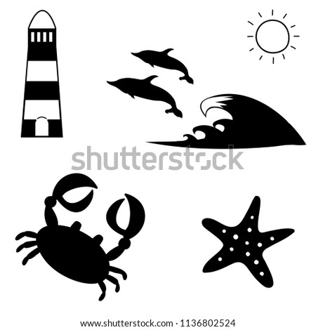black and white silhouette illustration of summer travel sea icon set isolated on white background. Lighthouse, dolphins, sun, crab, starfish. Vacation icons collection for graphic web design