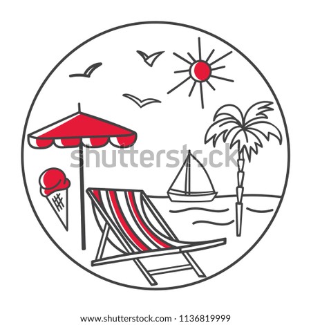 Modern vector illustration in the circle frame with summer symbols of beach resort: sun umbrella, ice cream, lounge, palm tree, sail, sun, seagull, sea waves. Round icon with outline elements.