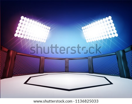Empty Cage martial arts fighting arena stage with black style red and blue light:mma  Royalty-Free Stock Photo #1136825033