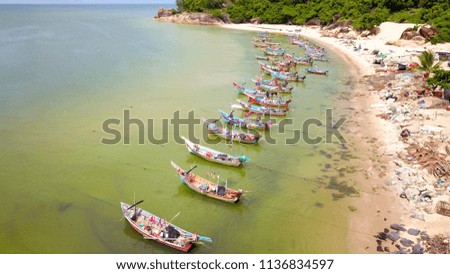 Aerial view of the beach with fishing boats at Songkhla Southern Thailand, 2018.