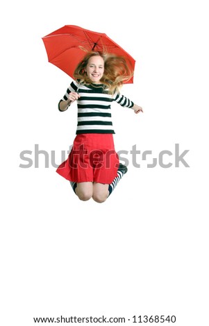 happy teenager girls  with red umbrella  jumping - over white