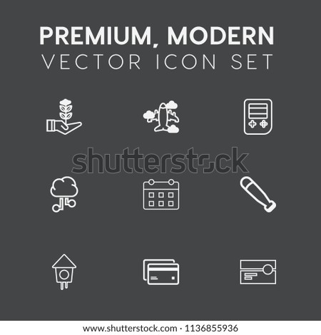 Modern, simple vector icon set on dark grey background with money, garden, birdhouse, day, cloud, debit, bird, life, stereo, sport, internet, agriculture, network, music, air, gardening, growth icons