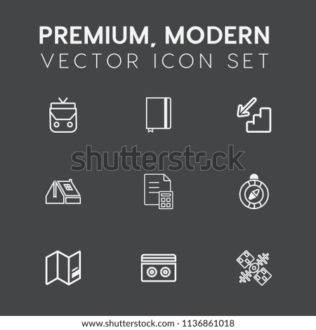 Modern, simple vector icon set on dark grey background with construction, music, east, global, modern, background, north, leather, fashion, sound, upstairs, south, object, audio, window, home icons