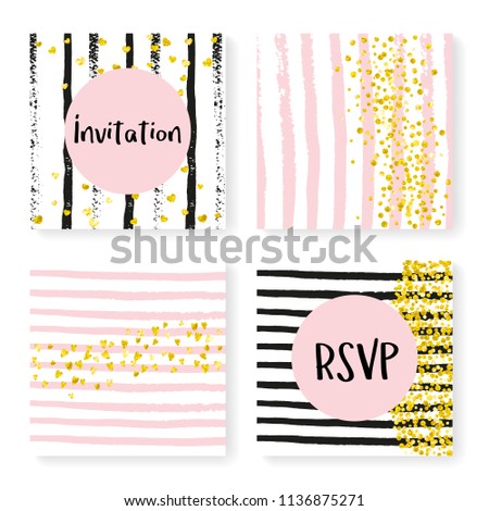Wedding invitation set with glitter confetti and stripes. Gold hearts and dots on black and pink background. Template with wedding invitation set for party, event, bridal shower, save the date card.