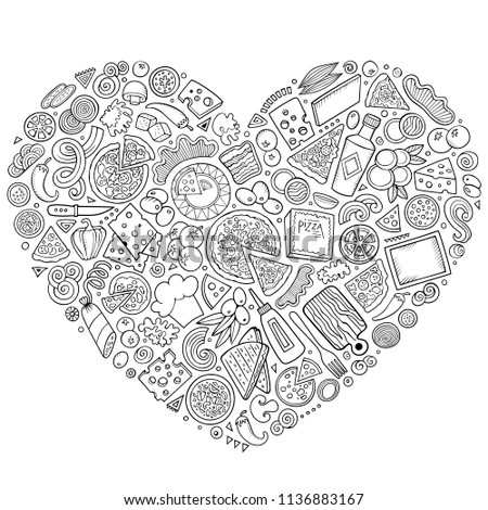 Line art vector hand drawn set of Pizza cartoon doodle objects, symbols and items. Heart form composition