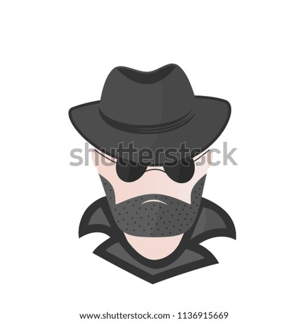 A bearded man in a hat with sunglasses. Spy. Detective. Computer hacker.