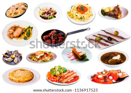 Picture of set of many plates with tasty food over white background 