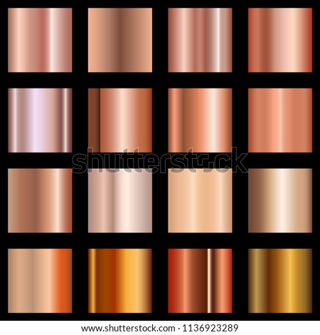 Copper gradients set. Collection of metallic gradient for background, cover, frame, ribbon, banner, coin, label, flyer card poster Vector EPS 10 Royalty-Free Stock Photo #1136923289
