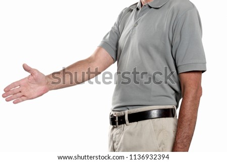 hand shake concept; man offer his hand to shake isoalted on white background with copy space and clipping path included