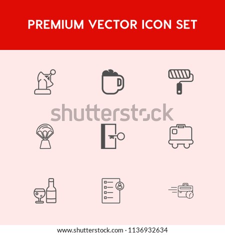 Modern, simple vector icon set on red background with balloon, sky, exit, luggage, glass, cafe, espresso, earth, solar, mug, checklist, wireless, alcohol, technology, satellite, roller, hot, job icons