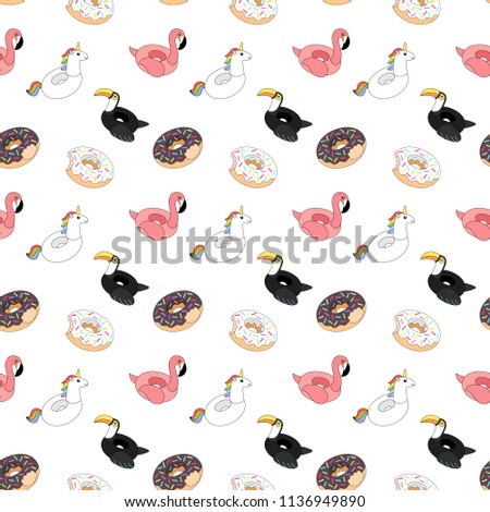 Vector illustration: seamless pattern  inflatable swimming accessories rubber Unicorn with rainbow mane, pink Flamingo, black Toucan and two donuts  in cartoon style isolated on white background