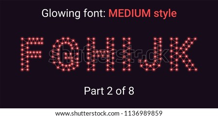 Red Glowing font in the Outline style. Vector Alphabet with Connections, Lines, Polygonal structure and Glowing knots. Medium style, part 2 with uppercase letters F G H I J K