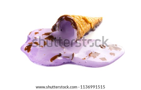 mini sweet potato flavor ice cream cone in a melting process on blue background