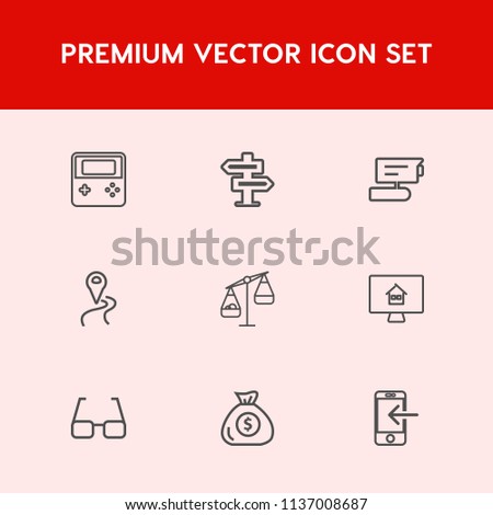 Modern, simple vector icon set on red background with mobile, door, arrow, business, entrance, estate, house, record, money, eyeglasses, doorknob, weight, camera, transfer, banking, technology
