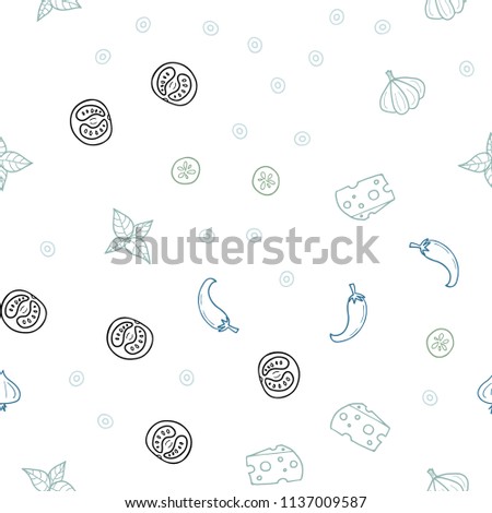 Light Blue, Green vector seamless cover with cuisine gourmet. Fast Food on blurred abstract background with colorful gradient. Doodle design for your business advert of cafes.