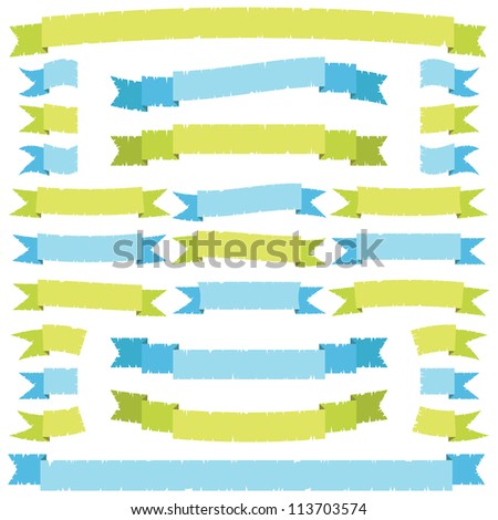 collection of torn green and blue ribbons, isolated on white