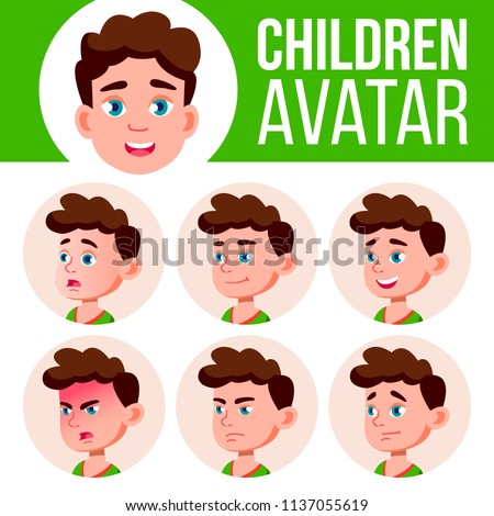 Boy Avatar Set Kid Vector. Primary School. Face Emotions. User, Character. Kids, Positive. Comic, Web. Cartoon Head Illustration
