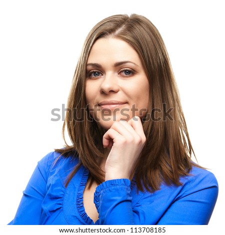 Smiling business woman against white background isolated.