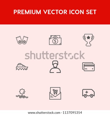 Modern, simple vector icon set on red background with male, currency, object, bank, sunrise, first, summer, money, rescue, sun, morning, plastic, receipt, winner, ship, water, card, medical, boy icons