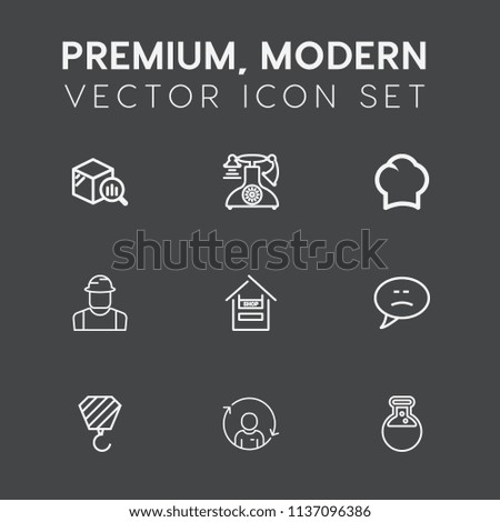 Modern, simple vector icon set on dark grey background with cart, cook, black, equipment, money, market, trend, communication, business, phone, chef, refresh, uniform, laboratory, food, tool icons