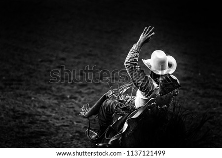 Monochrome rodeo cowboy in a white hat riding a bronco in the spotlight Royalty-Free Stock Photo #1137121499