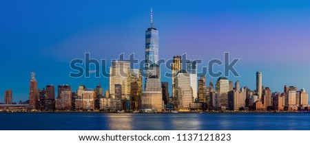 Manhattan skyline panorama at night , New York City