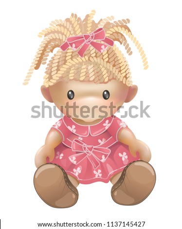 Girl doll illustration in vector isolated on white background. Children's toys for girls. Rag doll, needlework.